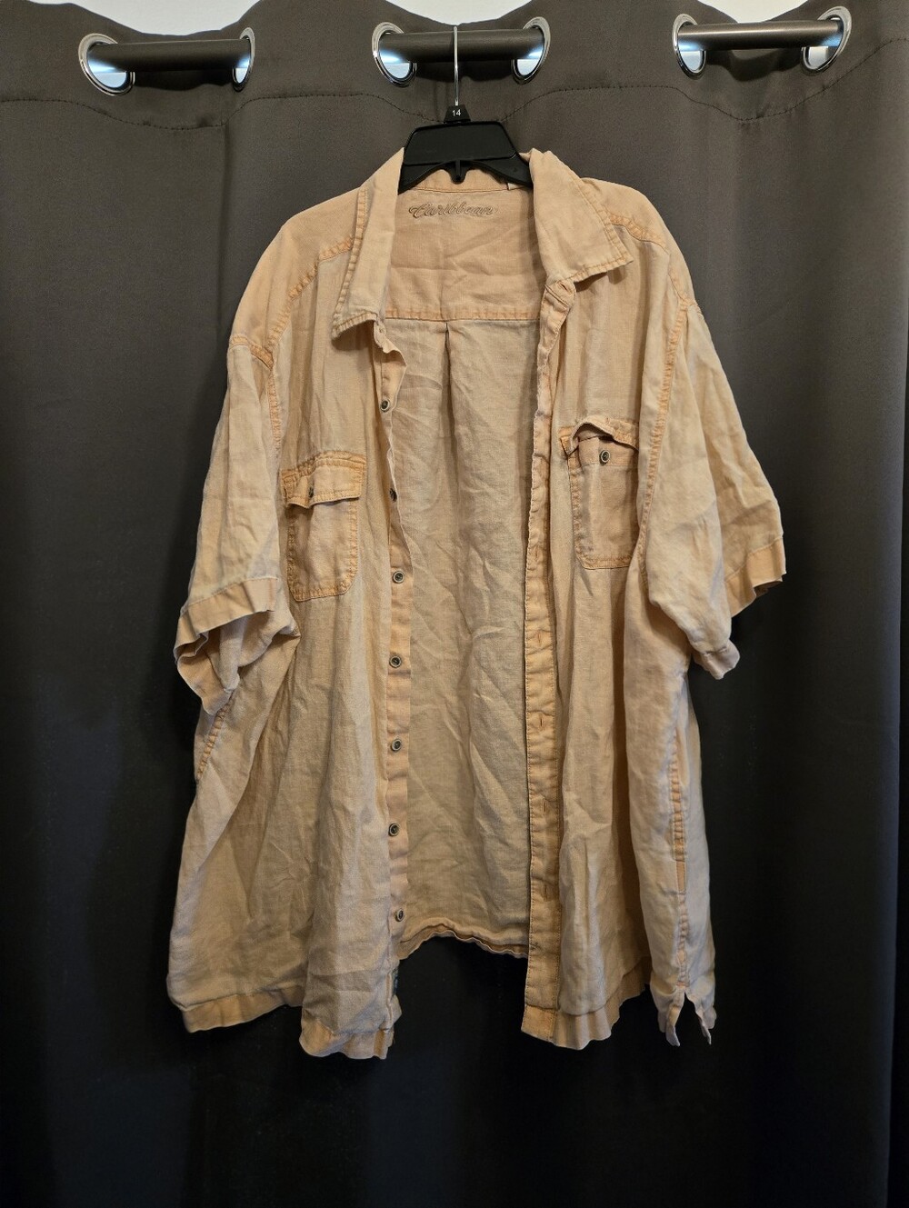 Caribbean 100% Linen Button Front Camp Shirt Men's 3XB Peach Short Sleeve Casual